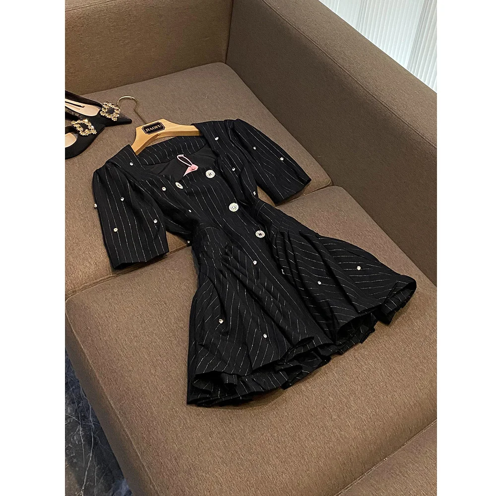 Summer Short Sleeve Square Collar Rhinestone Glitter Buttons Striped Women Mini Black Dress