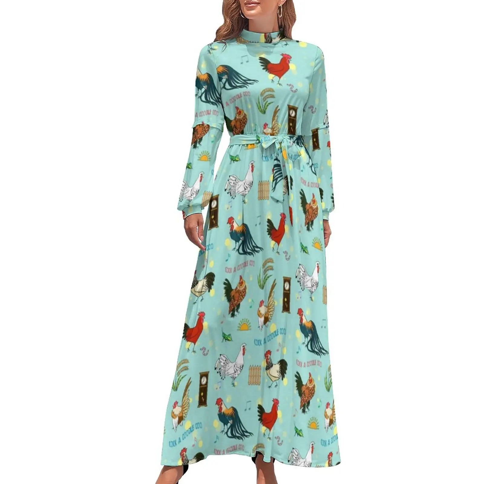 

Pretty Cartoon Chicken Dress Cute Roosters Elegant Maxi Dress Street Fashion Beach Long Dresses High Waist Pattern Vestidos