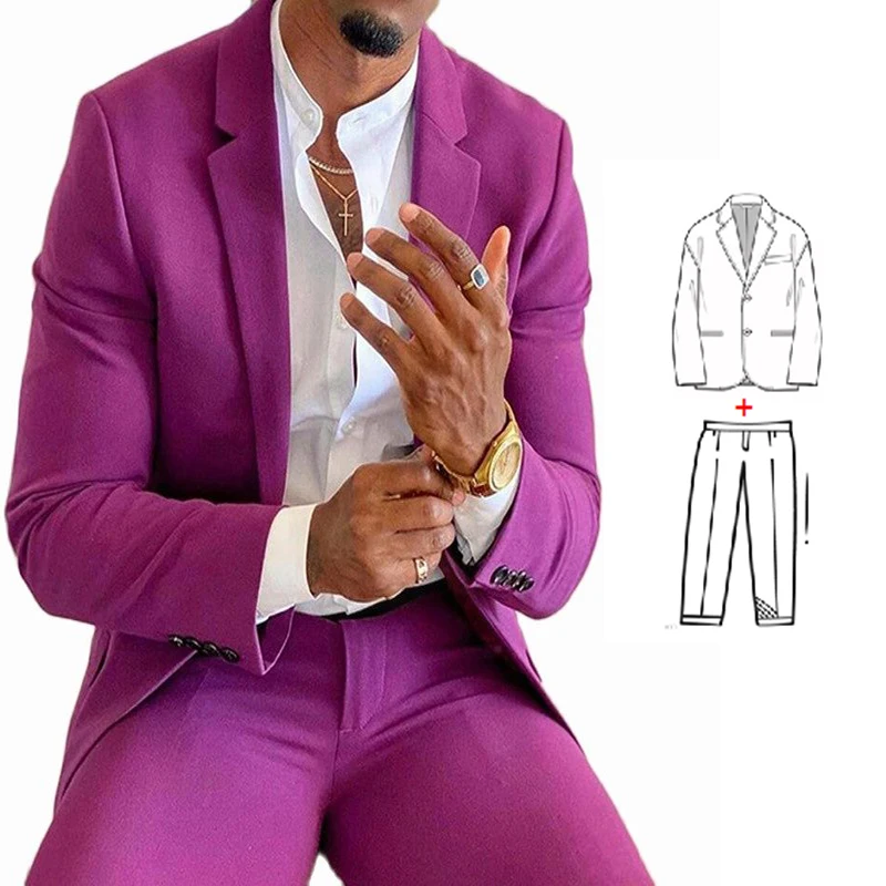 Purple Prom Men Suits for Party 2 Piece Custom Wedding Tuxedo Casual Man Fashion Clothes Slim Set Jacket with Pants New Arrival