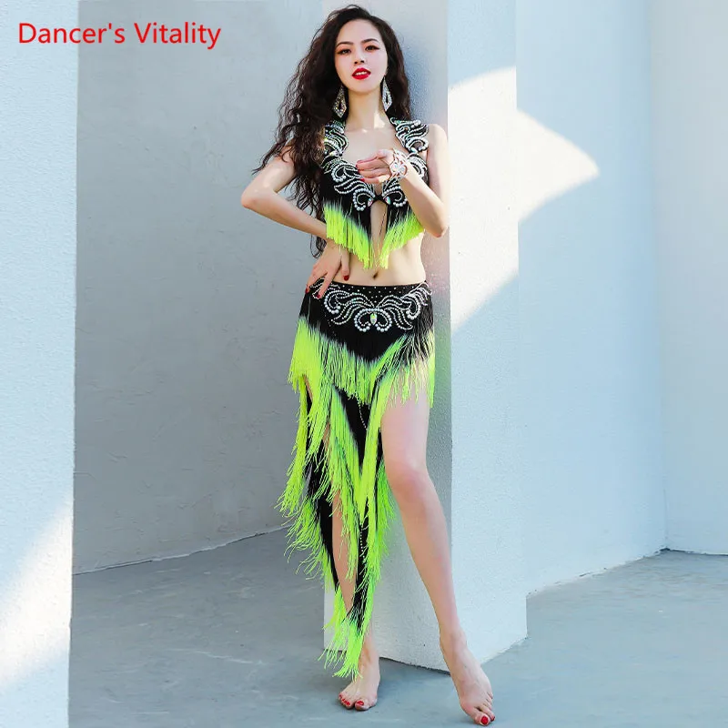 

Belly Dance Set Diamond-Studded Tassel Bra Long Skirt Performance Clothes Suit Women Oriental Dancewear Competition Clothing