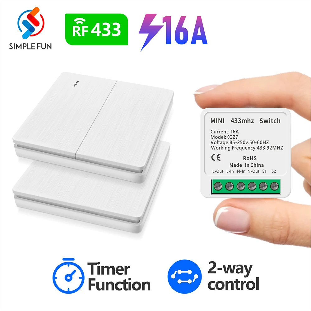 

RF433Mhz Wireless Light Switch 110V 220V 16A Mini Module Support 2 Way Control Wall Panel Swtich Relay Receiver Timing for Lamp