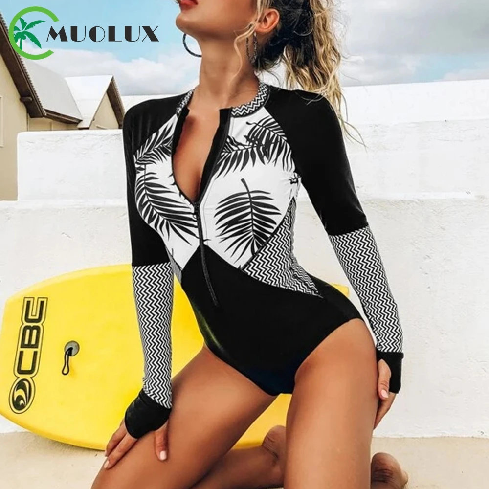 

MUOLUX 2023 Long Sleeve One Piece Swimsuit Women Sporty Swimwear Striped Print Rash Guard Swimming Suit Bathing Suit Beach Wear