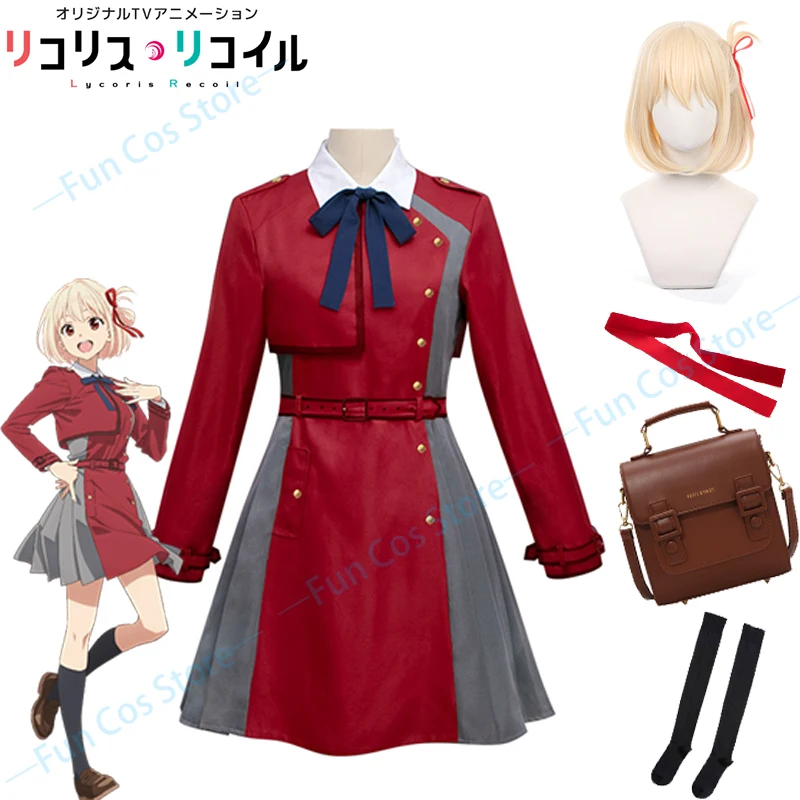 

Anime Lycoris Recoil Nishikigi Chisato Cosplay Costume Wig Bag Red Jacket Direct Attack Uniform Dress Skirt Coat JK Scholar Suit