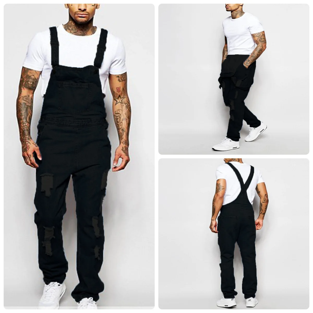 Fashionable Men Suspender Denim Jumpsuit Ripped Jeans Streetwear Male Pants Spring and Autumn Full Length Bibs