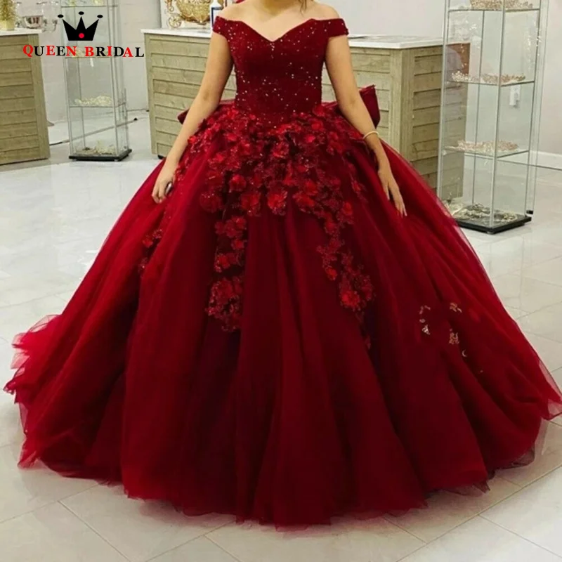 

Burgundy Quinceanera Dress Off the Shoulder V-Neck Sequined Ball Gown Flowers Beading Bow Back Sweet 16 Vestidos De 15 Años EM10