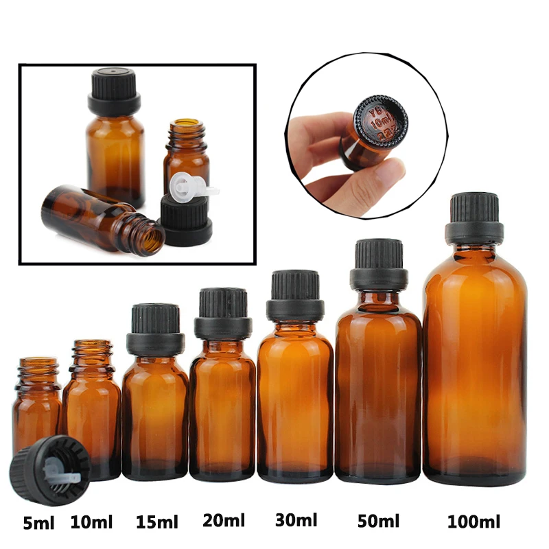 

12pcs 5ml/10ml/15ml/20ml/30ml/50ml/100ml Amber Essential Oil Glass Bottle Refillable Dropper Bottles Containers With Black Cap