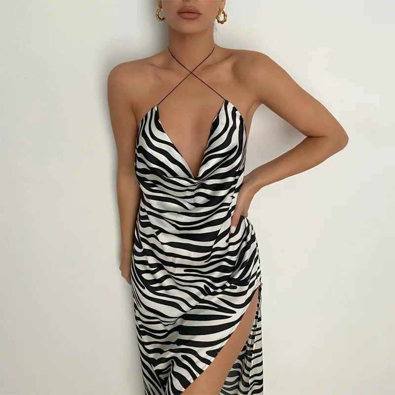 

European And American Women's New Zebra Pattern Sexy Open Back Dress