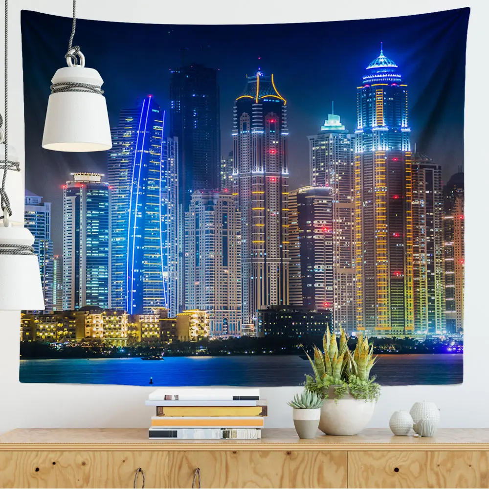 

Cityscape Night View Tapestry Skyscrapers Skyline Bustling Urban Neon Building River Art Wall Hanging for Living Room Home Decor