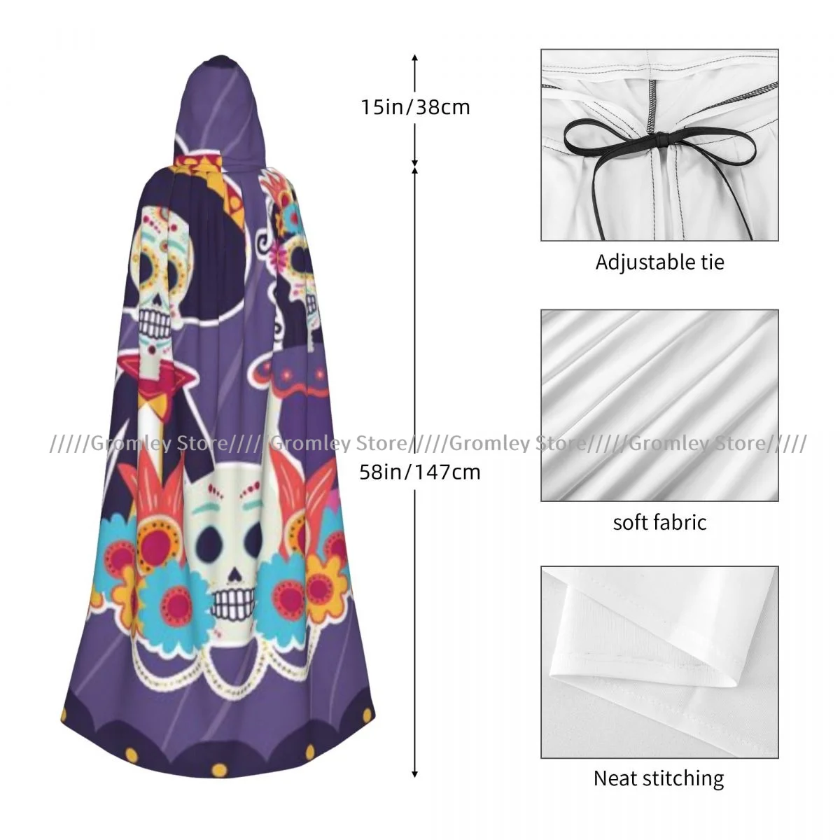 Dia De Los Muertos череп плащ ведьмы с капюшоном косплей костюм Хэллоуин для взрослых