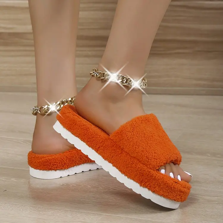 

2022 Women New Luxury Brand One-word Thick-soled Warm Furry Women's Shoes Embossed Cotton Drag Outdoor All-match Casual Slippers