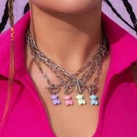 kpop candy bear pendant choker necklace for women girls vintage thin silver color link chain necklace neck jewelry accessories