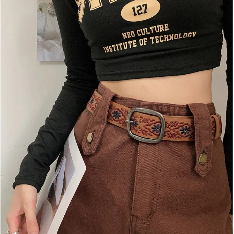 Retro Niche PU Embroidery Belt for Women Y2K Style Summer Versatile Jeans Trendy Accessories Metal Pin Buckle Belt