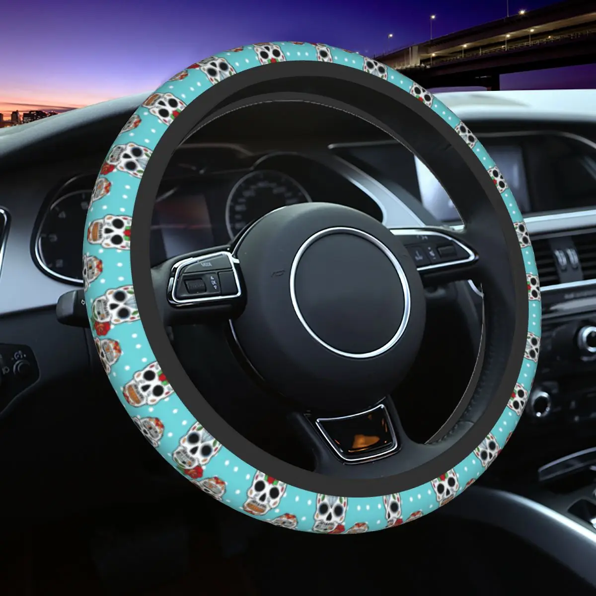 

Sugar Skull Car Steering Wheel Cover 38cm Elastic Flower Steering Wheel Protective Cover Elastische Steering-Wheel Accessories