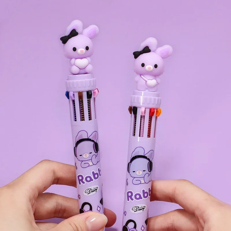 

Разноцветная шариковая ручка с фиолетовым Кроликом, красивая шариковая ручка в десять цветов для студенческого журнала, цветные маркеры, канцелярские принадлежности для студентов