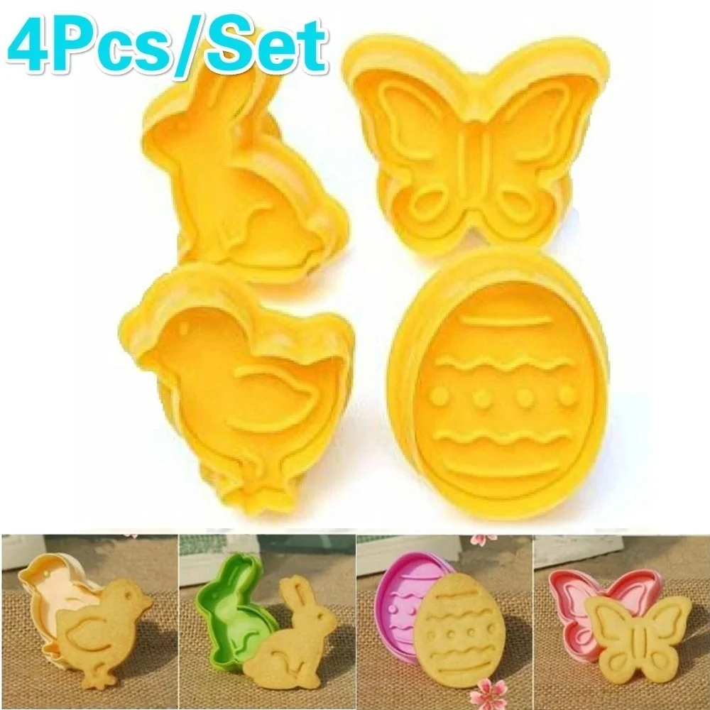 

4PCS / Set Easter Egg Rabbit Chick Butterfly Plastic Plunger Fondant Cookie Cutter Set Mold Biscuit Decor Baking Tools Set