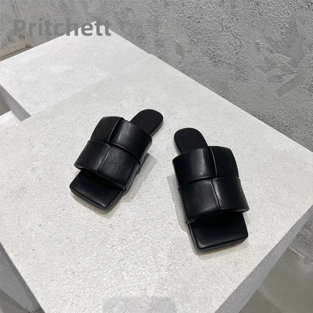 2023 Summer New Flat Bottom Slippers Retro Weave Shallow Mouth Open Toe Fashion Slippers Versatile Concise Women's Shoes