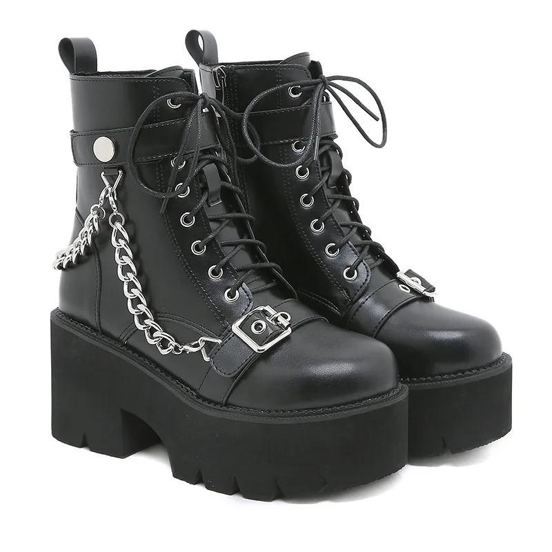 Women Round Toe Cross-tied Chunky Heel Motorcycle Boots Fashion Metal Chain Belt Buckle Thick Platform Ankle Boots