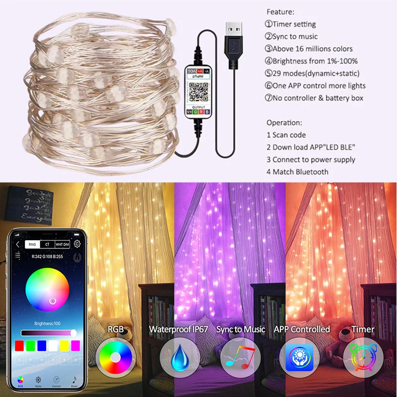 

Светодиодная гирлянда с Bluetooth, 2-30 м, с умным управлением