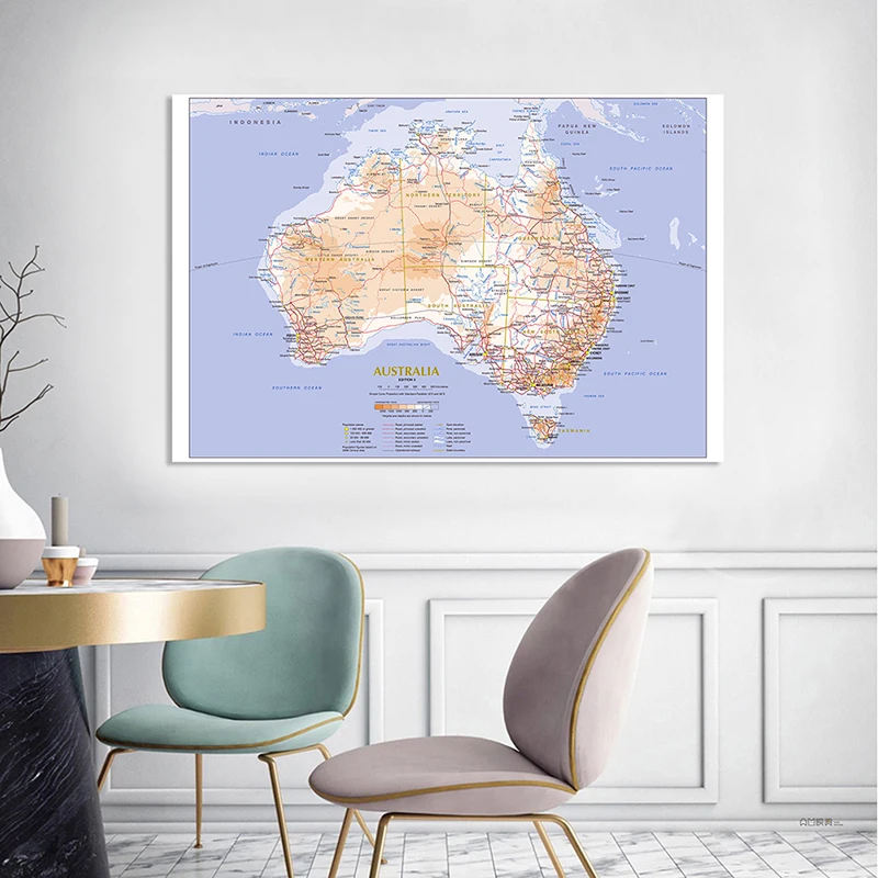 

150*100cm Terrain and Traffic Route Map of The Australia Non-woven Canvas Painting Wall Art Poster Home Decor School Supplies