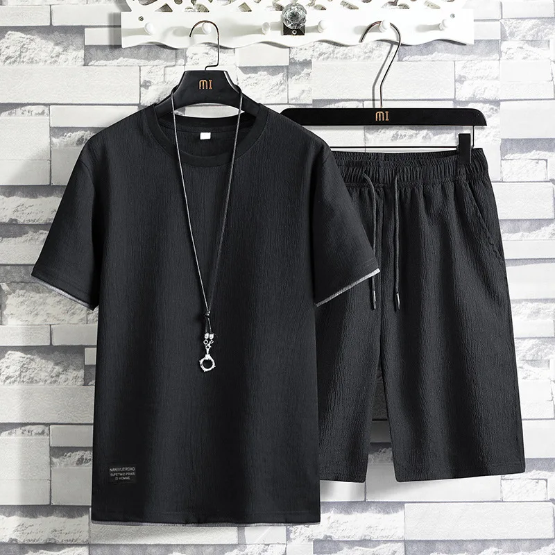 2022 New Men Short Sleeve T-shirt Suit Sportswear Men's Casual Summer Set Two Pieces Mens Tshirt Long Pants Set Breathable
