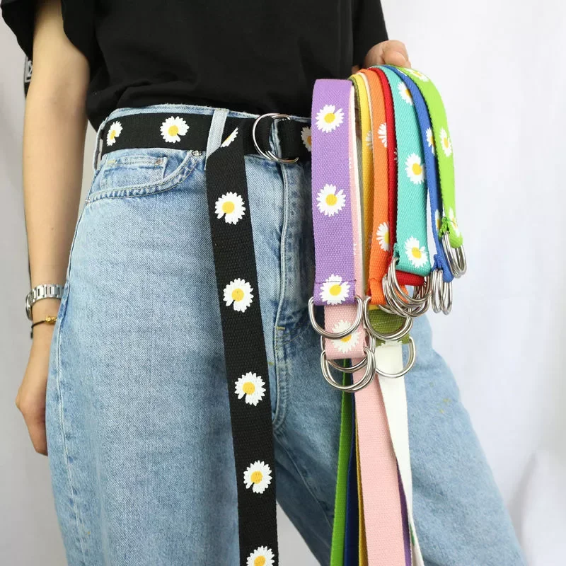 

New Fashion Women Canvas Belts Daisy Double D Ring Buckle Long Waist Strap Harajuku Jeans Dress Casual Female Student Belt