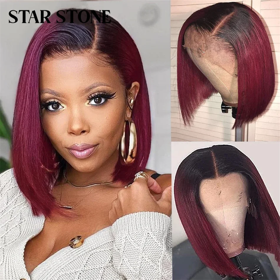 Ed Brazilian Straight Short Bob Wig Burgundy Lace Frontal Wigs