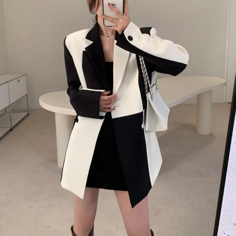 Fashion Black and White Stitching Women's Suit Jacket Women's Tops Office Lady Spring Autumn Coat Retro Designer Loose Za New