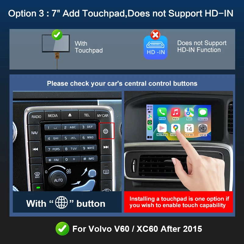 Беспроводной CarPlay для Volvo XC60 V60 после 2015 года, 7-дюймовый OEM-экран, Android Auto, интерфейс, зеркальная связь, функция AirPlay Ai Box