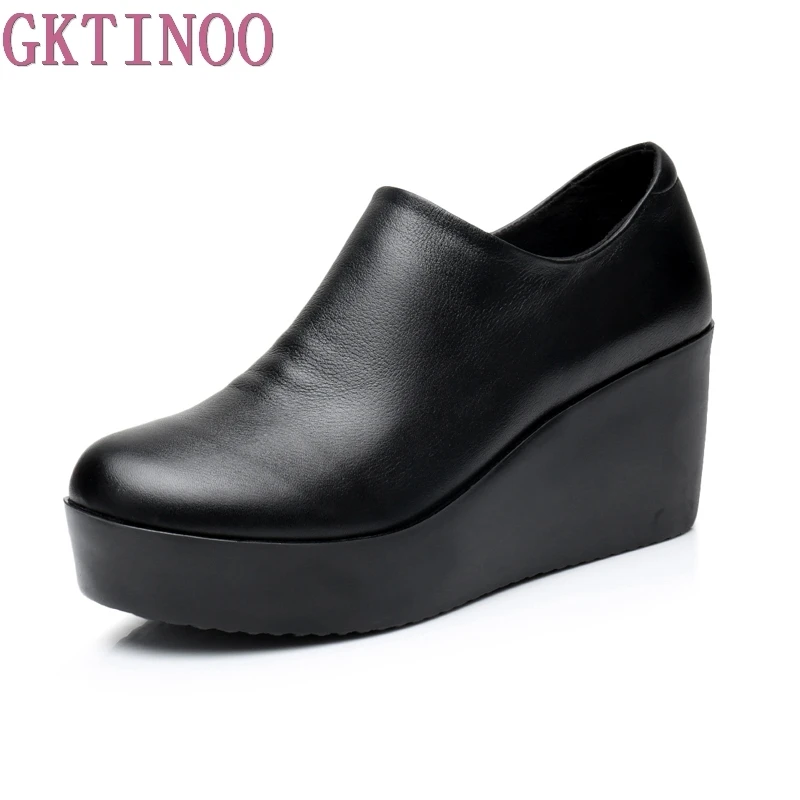 

GKTINOO 2022 Wedges Women Shoe Spring Autumn Slip-On High Heels Round Toe Genuine Leather Casual Ladies Platform Shoes Woman