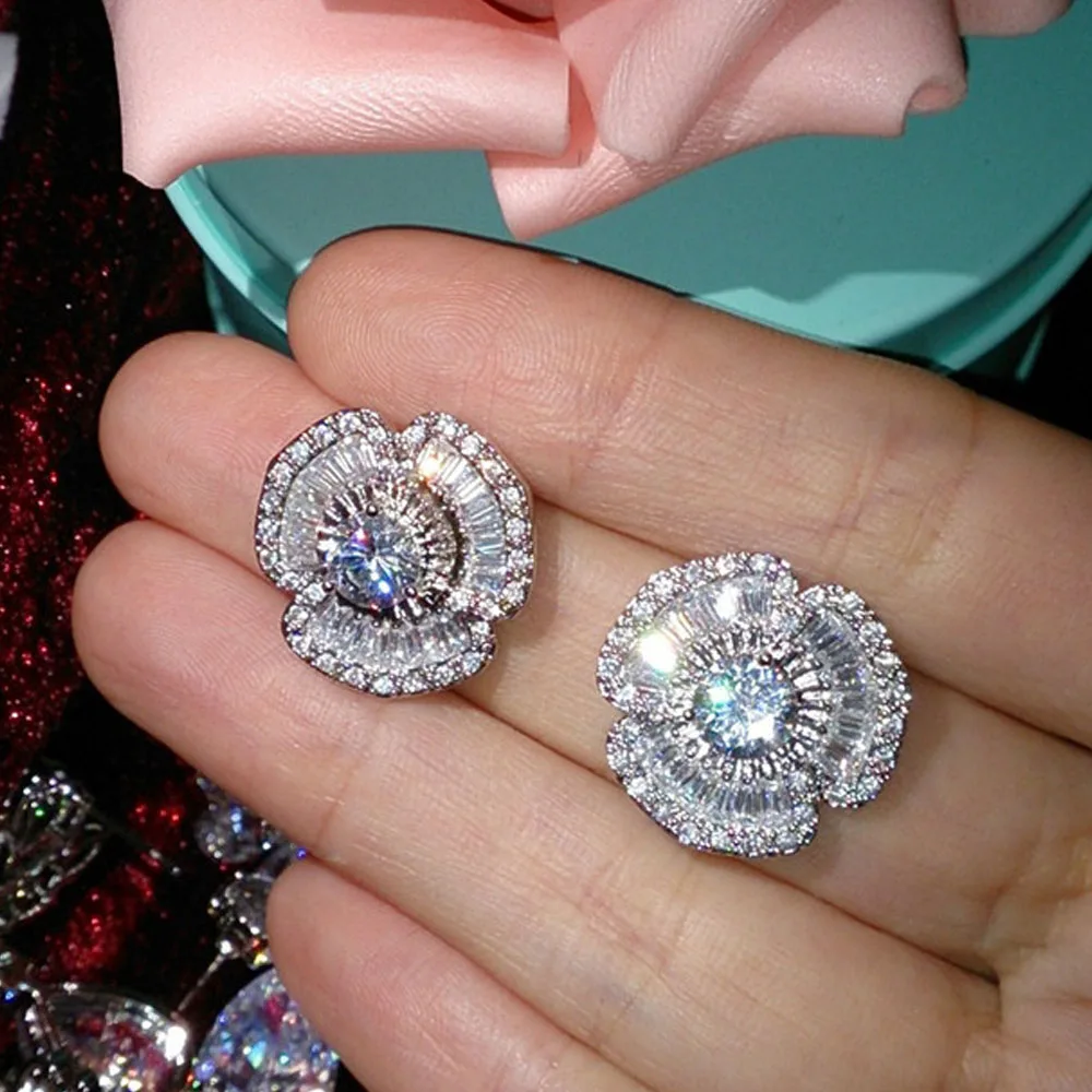 

S925 Sterling Silver color Diamond Garnet Earring for Women Aretes De Mujer Bijoux Femme Cushion Zircon Stud Earrings Bizuteria
