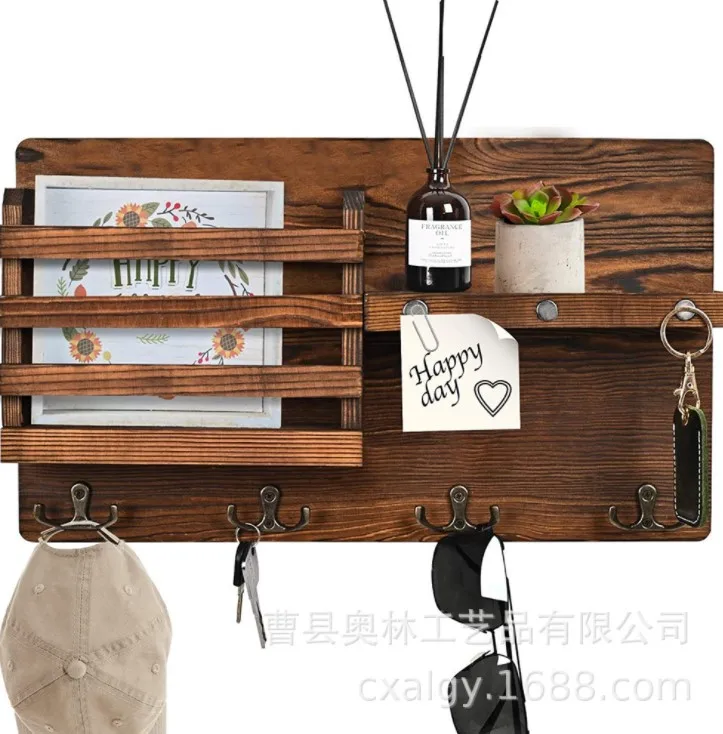 

Wall Key Holder Hooks Wall Mounted Key Hanger Wooden Storage Shelf with Hooks for Entryway Office Cafe magnetic magnetic