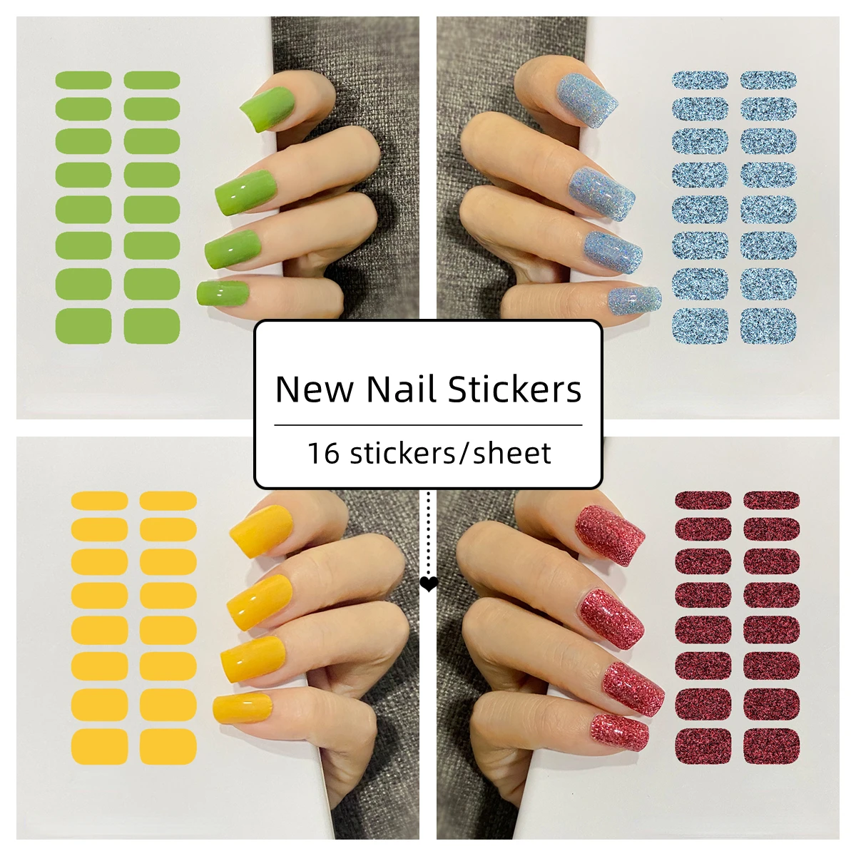 

16Stickers/Sheet Full Finger Nail Stickers Frosted Glitter Solid Colour Nail Art Stickers Waterproof Simple Nail Stickers Design