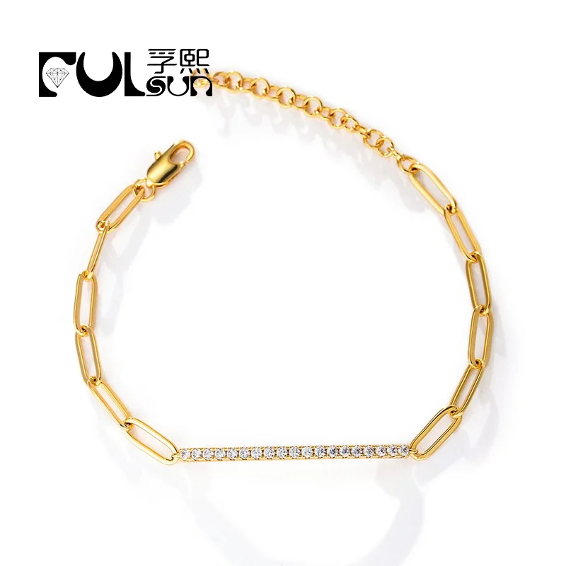 hip hop simple bar Paper clips brass Bracelets Rhodium 18k gold plated Cubic Zirconia adjustable Chain Link Bracelets for women