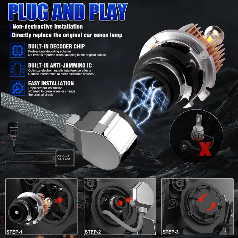 Фото D2S D4S 360 Светодиодные фонари 30000LM 150W HID D2R D4R Светодиодные Canbus ксеноновые 360 градусов CSP ЧИП Турбо Автомобильные фары для линз проектора №4