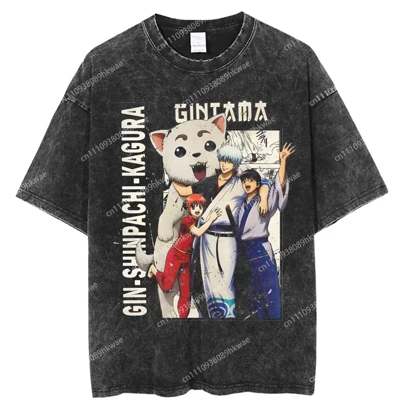 Фото Летняя мужская хлопковая футболка Gintama в стиле стритвир, черная, оверсайз, с коротким рукавом, повседневная, с принтом Sakata Gintoki Action Art №5