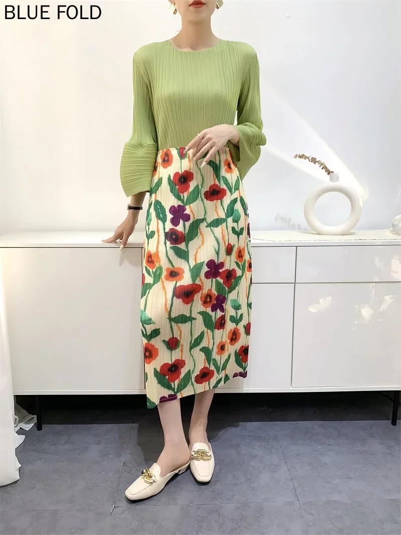 MIYAKE плиссированная юбка летняя женственная повседневная с разрезом и принтом