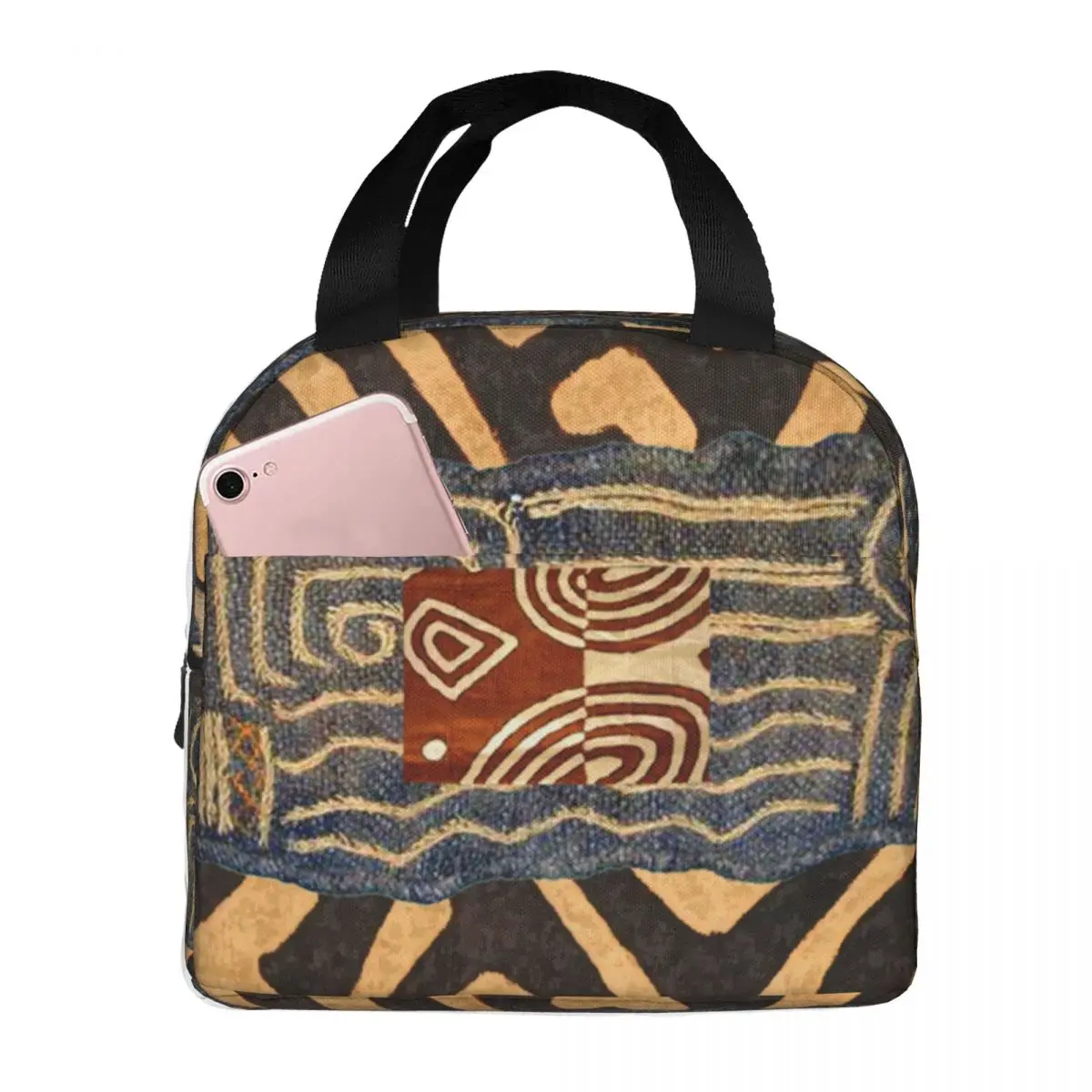 

African Mud Cloth Motif Style Lunch Bags Portable Insulated Cooler Ancient Thermal Cold Food Picnic Lunch Box for Women Girl