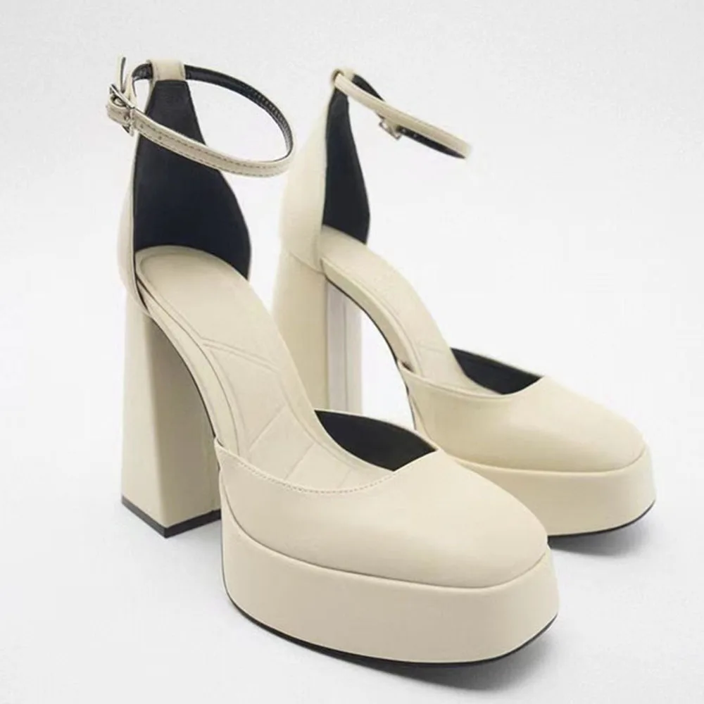 

Женские туфли на платформе, бежевые туфли-лодочки с ремешком на щиколотке и высоким каблуком, новинка 2023