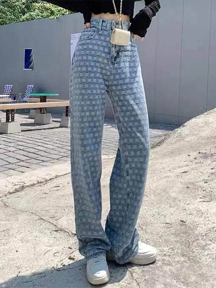 

Plaid High Waist Blue Straight Jeans 2022 Female Harajuku Trouser Vintage Hip Hop Casual Loose Wide-legged Pants Streetwear