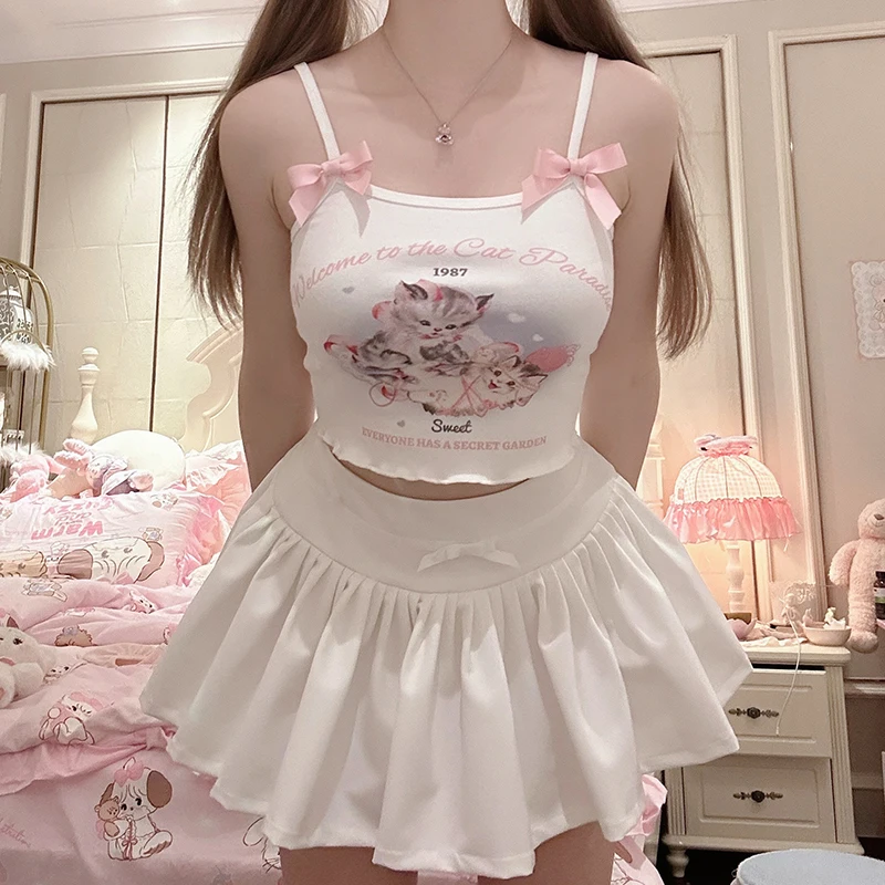 

Милые укороченные топы для женщин, летняя укороченная майка с принтом кошек и розовым бантом для милых девушек, кавайная одежда