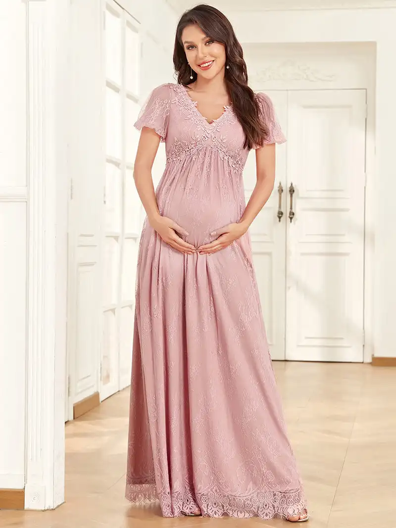 Cute Maternity Dresses Deep V-eck Short Sleeves Hidden zipper 2023 of A-Line Chiffon Dusty Rose Prom Dresses
