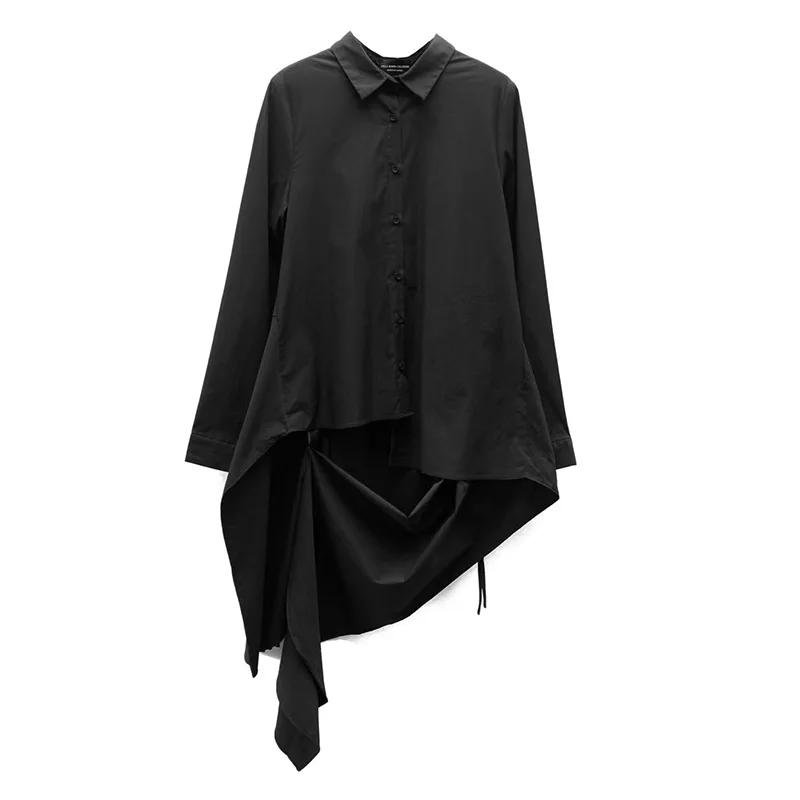 

SuperAen 2022 Original Solid Casual Turn Down Collar Shirts Irregular Splicing Drawstring Full Women's Blouse