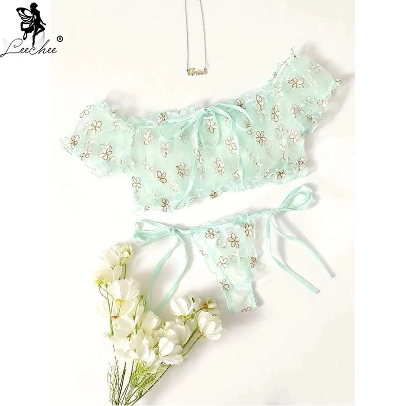 

Leechee, Новое поступление, комплект с бюстгальтером, на шнуровке, нижнее белье для женщин, Сексуальная Вышивка, Прозрачный цветочный раздельны...