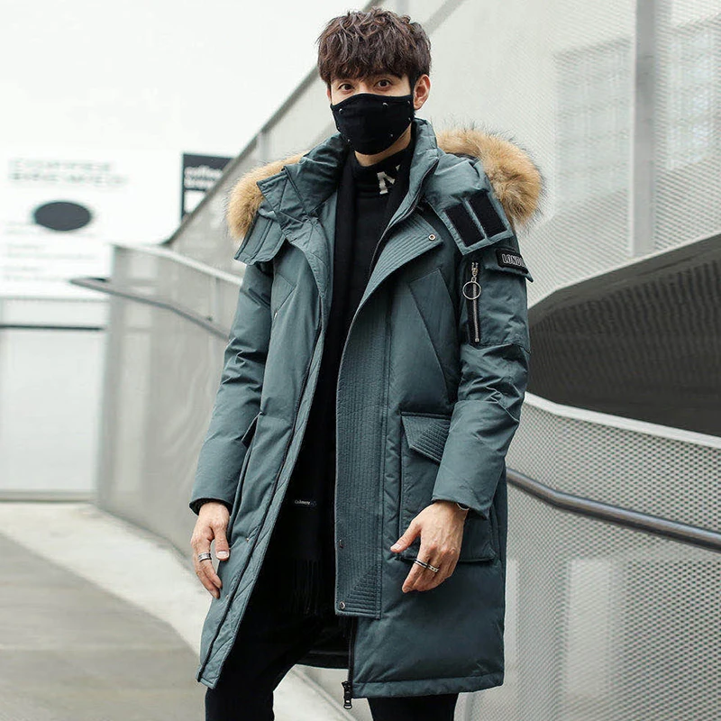 Winter thickened knee-length down jacket for young men's mid-length fashion handsome fur collar goose men's Parker coat