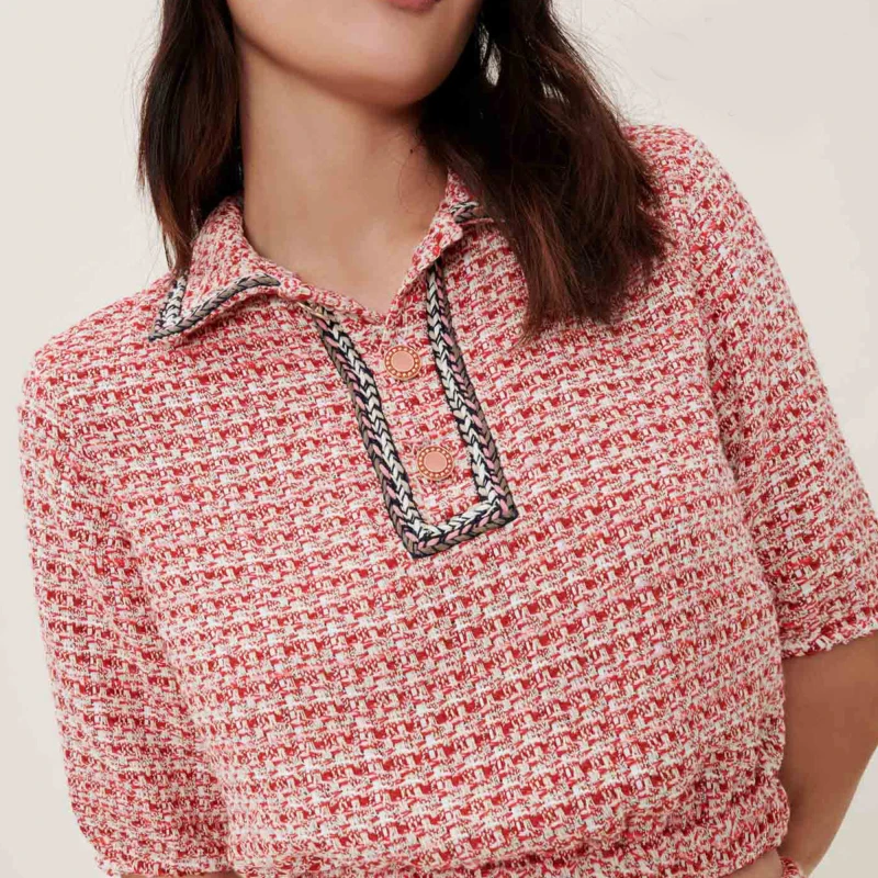 

2022 Spring New Design Women's Pink Lapel Collar Elastic Waist Tweed Crop Top