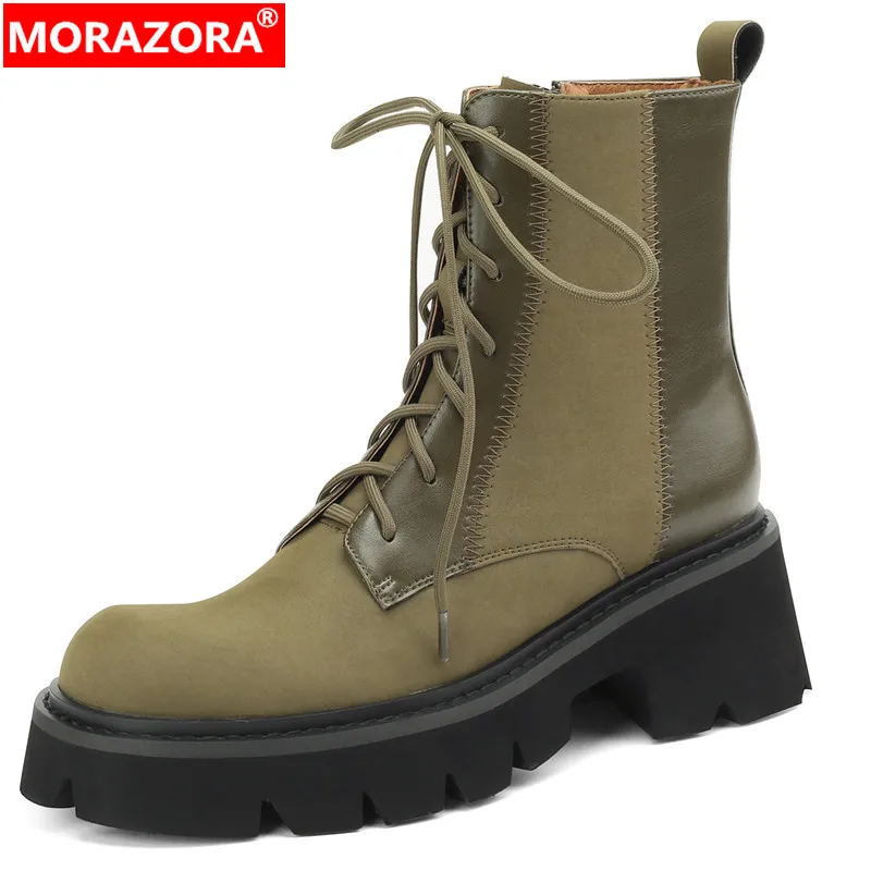 

MORAZORA 2023 New Ladies Narrow Band Winter Boots Genuine Leather Women Ankle Boots Square High Heels Platform Shoes