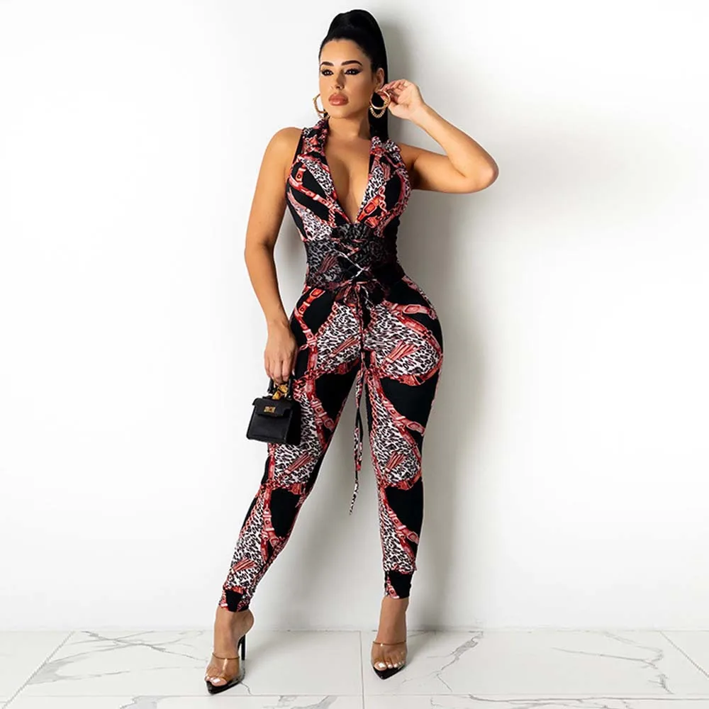 

Jumpsuit Leopard Print Sexy Wrap Chest Halter Drawstring Bodysuit Women Rompers Shiny One Piece Slim Party Jumpsuits Summer 2022