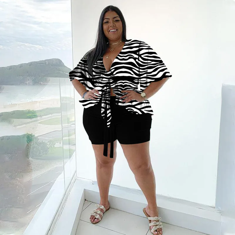 Plus Size Women Sets Leopard Zebra Print Shirt and Short Pant 2023 Summer Fashion Two Piece Set Sexy Female V Neck Clothing
