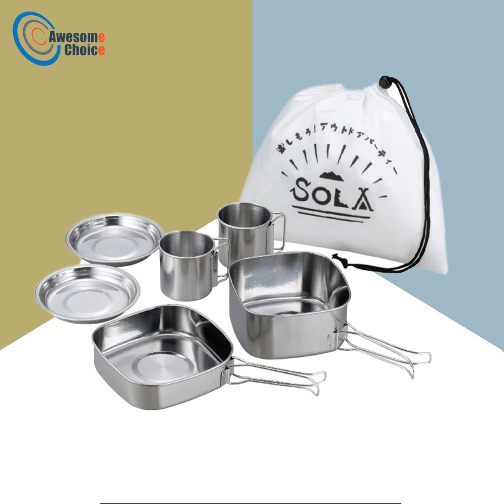 

7pcs Stainless Steel Camping Cookware Kit Outdoor Camping Cooking Set Pan Pot Travelling Hiking Picnic Tableware Equipment