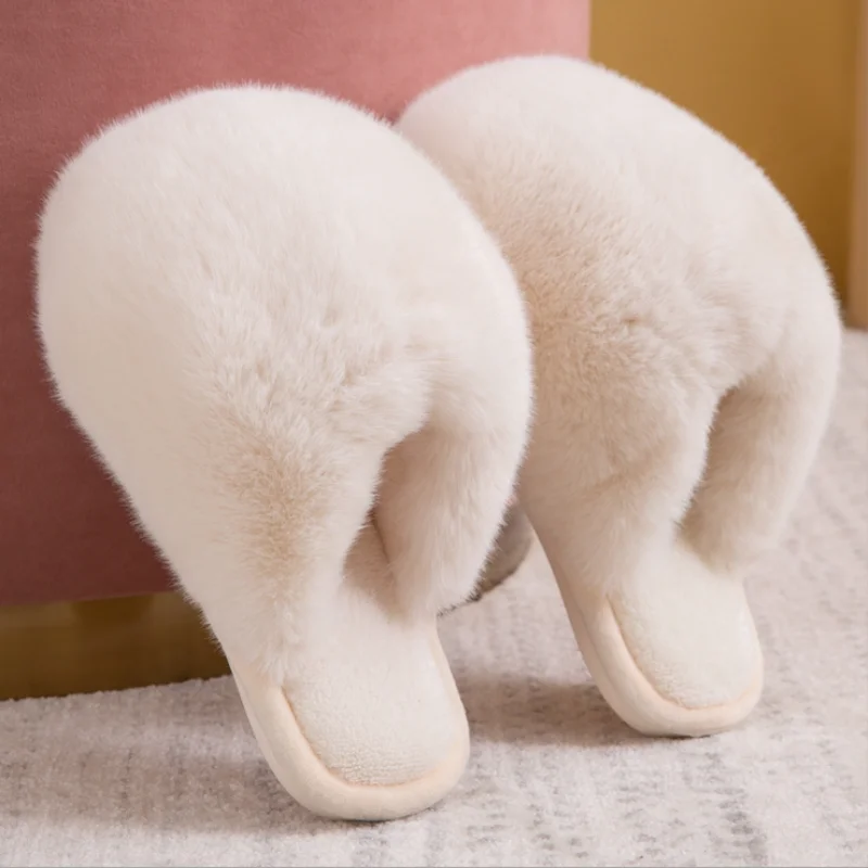 

Women Winter Furry Slippers Cute Faux Fur Fuzzy Big Fluffy Slides Bedroom Soft Anti-Slip Sole Warm Plush Shoes Chaussure House